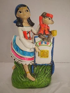 Vintage Chalkware Bank  Earl Bernard Gypsy Girl Organ Grinder Monkey Made Japan - Picture 1 of 11