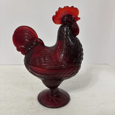 L.E. Smith Ruby Red Amberina Glass Lidded Rooster Candy Dish Glows - Image 1 of 4