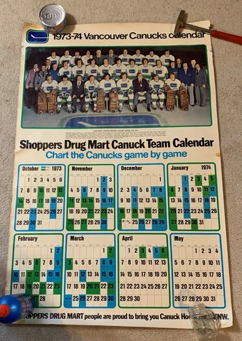 original vintage poster VANCOUVER CANUCKS NHL shoppers calendar 1973-1974 Cover