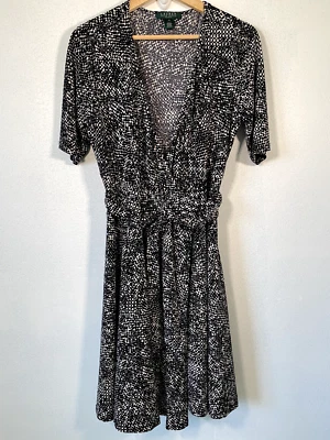 LAUREN RALPH LAUREN Black Gray Vneck Slimming Wrap Dress 3/4 Sleeve Dress Sz 12 - Image 1 of 3
