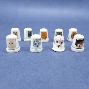 Vintage Ceramic Thimble Lot Of 9 Animals Cat Puppy Dog Kitten - Picture 1 of 13