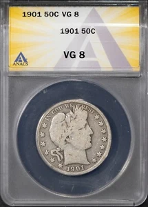 1901 50c Silver Barber Half-dollar VG 8 ANACS # 7693144 + Bonus - Picture 1 of 2