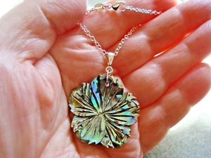 Handcarved 32mm Iridescent Abalone Flower Pendant SP Chain 18" Necklace  - Picture 1 of 9