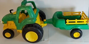 Vintage 2 Piece 1992 Tonka Plastic Green / Yellow Tractor with Trailer Wagon Toy - Picture 1 of 21