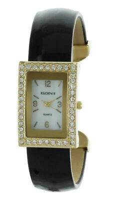 Novo na caixa Elgin ELL1025 moldura de pedra quartzo tom dourado pulseira preta relógio - Imagem 1 de 2