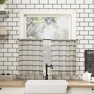 Set of 2 (52x24) Twill Striped Anti Dust Sheer Cafe Curtain Mocha/Linen (451) - Picture 1 of 1