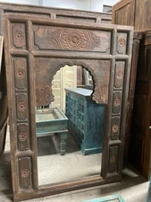 Antique Cusped Wall Mirror, Old Arched Lotus, Carved Rustic Spanish Elements.