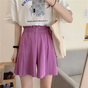 Damen Plissiert Weites Bein Shorts Chiffon Kunstseide Gummibund Hose Gummibund - Bild 1 von 19