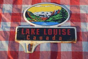 LETRERO SUPERIOR PLACA DE METAL PINTADO ESTAMPADO LAGO LUISE CANADÁ AÑOS 50 ÁRBOLES MONTAÑAS - Imagen 1 de 13