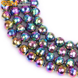 Multi-Color Faceted Metallic Coated Hematite Round Beads For Jewelry Making 15'' - Picture 1 of 30