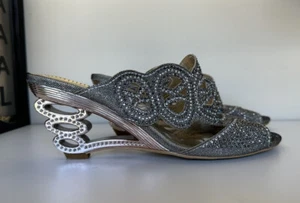JOHN FASHION Silver Fabric Bling Crystal style Embellishment Wedge Heels Sz 11 - Picture 1 of 11