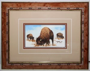 Watercolor Painting Ken Schmidt BUFFALO Family Signed Custom Frame Small - Picture 1 of 5