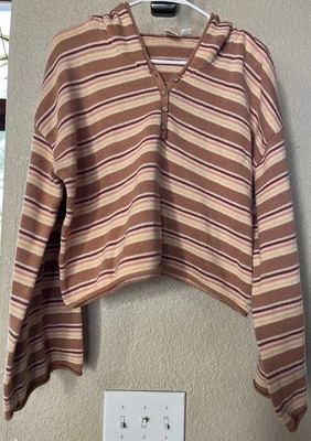 Women’s ROXY Brown Stripe Henley Crop Long Sleeve Hooded Sweater size XL - Image 1 of 4