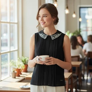 Paper Crane Sz S Sleeveless 1/4 Button Blouse, Black/White, Embroidered. NS-23 - Picture 1 of 11