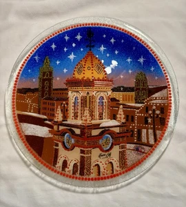 Rare HTF Peggy Karr Christmas Fused Art Glass Plate Kansas City Plaza Lights #2 - Picture 1 of 13