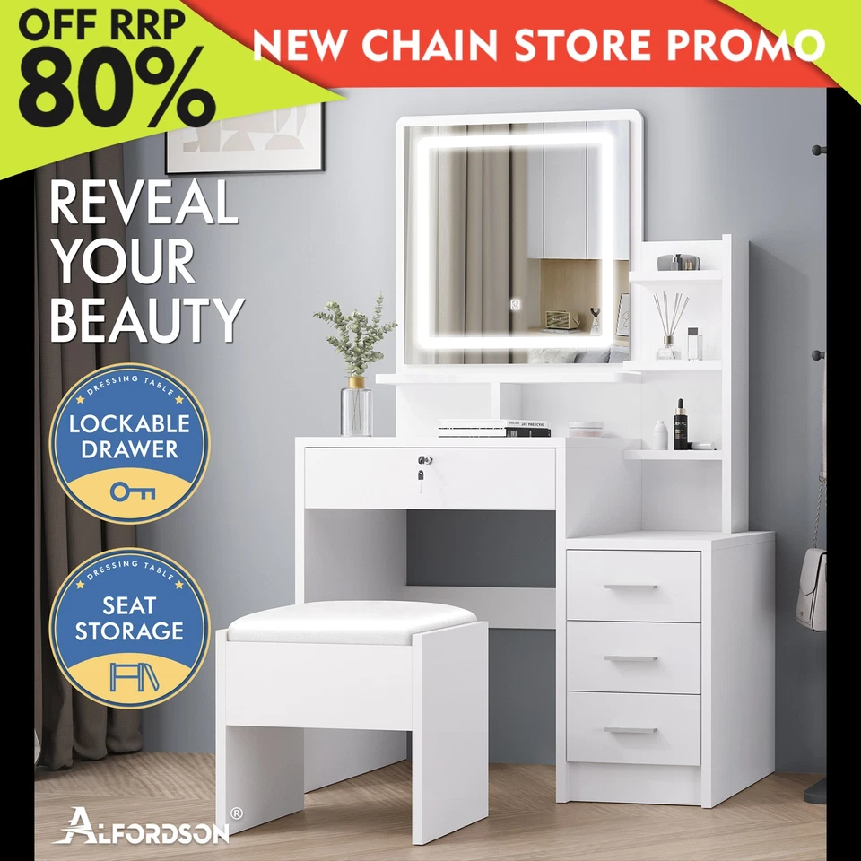 ALFORDSON Dressing Table Stool Set LED Makeup Mirror Vanity Desk Cabinet White