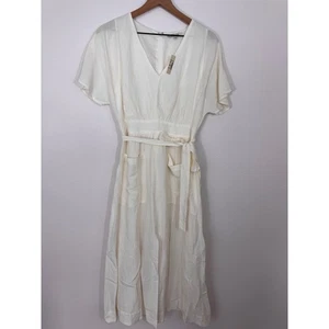 Madewell Linen Blend Tie Waist Midi Dress Size 6 Cream White NWT Viscose Linen - Picture 1 of 8