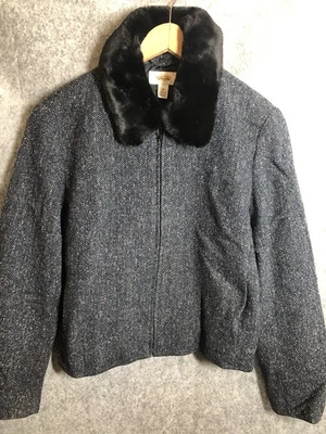 Cárdigan Talbots 10 Azul Mármol Espiga Cremallera Extraíble Imitación Piel Lana Seda Foto 1 de 4