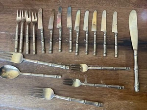 19 PIECE VINTAGE CUTLERY SET NICKEL & BRONZE BAMBOO FLATWARE THAI SET - Foto 1 di 24