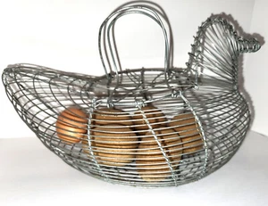 Vintage Primitive Farmhouse Wire Chicken Basket With Wooden Eggs - Picture 1 of 4