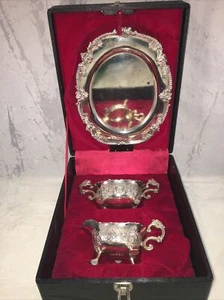 Vtg C&CO Silver Plate Creamer and Sugar Footed Set Floral Birds Faces w/ Tray - Picture 1 of 10