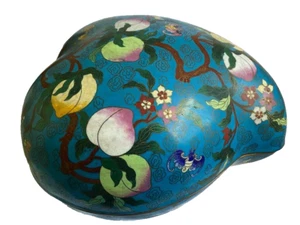 Caja con tapa en forma de melocotón cloisonné chino de colección rara - 14" - Imagen 1 de 17
