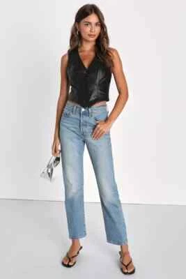 Black Women Leather Waistcoat Classic Real Lambskin Western Vest Coat Button - Image 1 of 4