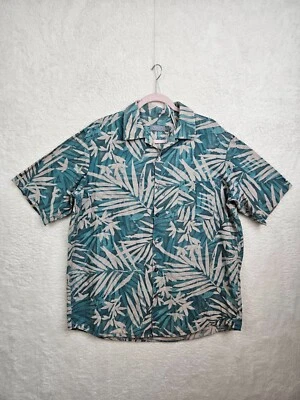 Talbots Men Shirt Large Green Linen Cotton Short Sleeve Button Hawaiian Boat - Image 1 of 4