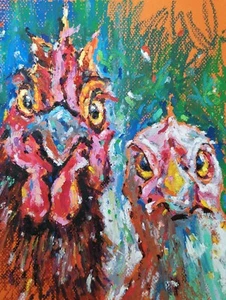 Original oil pastel painting Rooster and Hen painting Rural life artw 11.5"x8" - Picture 1 of 4