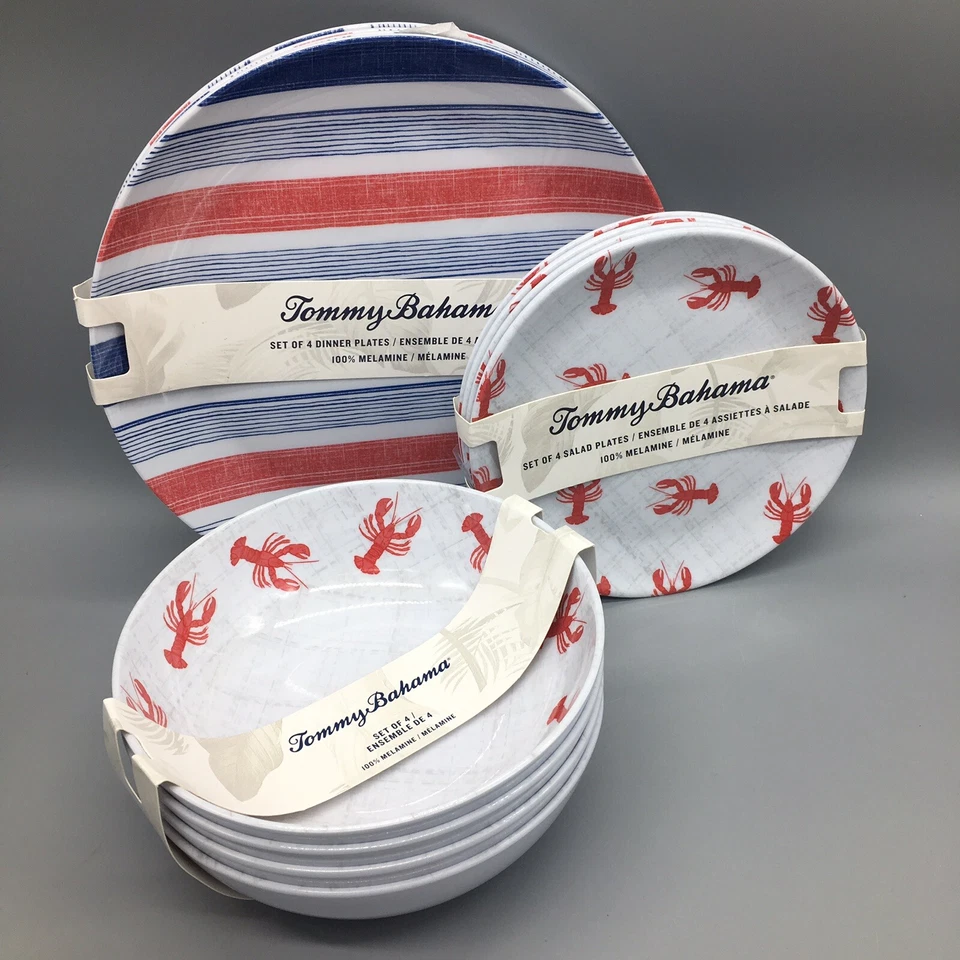 Conjunto de tigela de jantar 12 peças Tommy Bahama lagosta vermelha melamina prato salada listra azul - Imagem 1 de 4