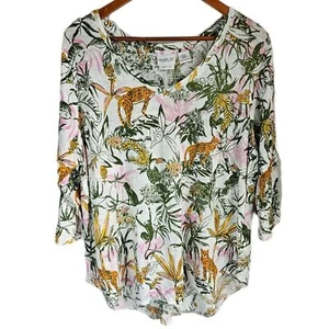 Rachel Zoe 100 % Leinen Strick V-Ausschnitt Shirt Damen 1x Tropical Neuheit Druck künstlerisch - Bild 1 von 7