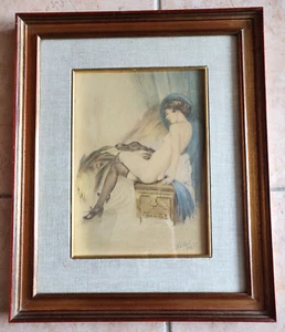 Antico disegno a colori su carta nudo femminile firmato e datato 52 in cornice - Foto 1 di 5