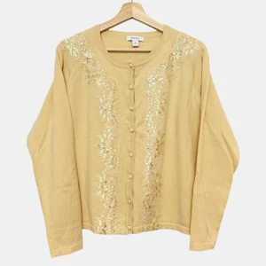 VTG Dressbarn Pale Butter Yellow Cardigan Floral Lace Sequin Button Up Top M - Picture 1 of 10