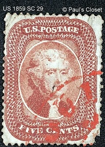 US 1859 SC 29 5¢ JEFFERSON BROWN TYPE I USED NO GUM W/RED TOWN CANX FINE - Picture 1 of 2