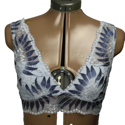 Aerie Floral Lace Mesh Bralette V-Neck Lined Cups Stretchy Wireless Periwinkle S - Image 1 of 4