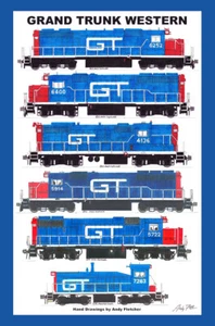 Póster enmarañado Grand Trunk Western Blue Locomotives 12"x18" firmado por Andy Fletcher - Imagen 1 de 1