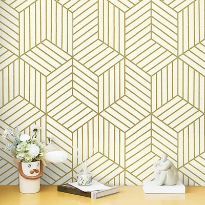 Beige and Gold Wallpaper Peel and Stick Geometric Striped Hexagon Wall Paper Rem - Image 1 of 4