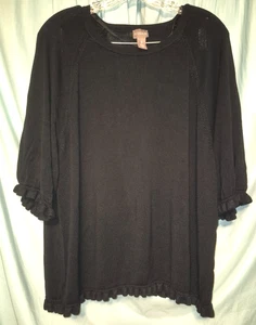 Chico's Solid Black Ruffled Round Neck 1/2 Sleeve Sweater Size 3 or 16/18 - Picture 1 of 5