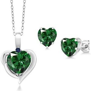 925 Sterling Silver Nano Emerald and Sapphire Pendant Necklace Earrings Set For - Picture 1 of 3