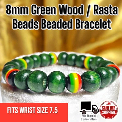 Green Wood w/ Rasta Beads Design 8mm Beaded Bracelet Wrist Size 7.5 - Image 1 of 3
