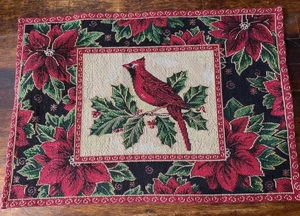 Cardinal Tapestry Christmas Placemats Poinsettia Flower Holly Berries Set Of 4 - Picture 1 of 3