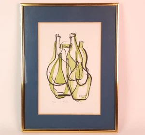 Vintage 60s Art Print Abstract Minimalist Line Bottles SIGNED Framed Prando MCM - Picture 1 of 18