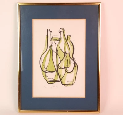 Vintage 60s Art Print Abstract Minimalist Line Bottles SIGNED Framed Prando MCM - Image 1 of 4