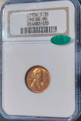 1936-S GEM UNC Lincoln Wheat 1c Cent Penny Graded NGC MS66 RD CAC - Image 1 of 4