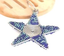 Keyring Beaded Wireart Blue Star Handcrafted