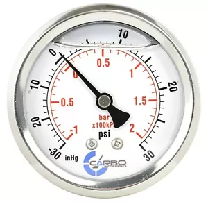 1-1/2" Vacuum Gauge Stainless Steel Case Liquid Filled, Back Mnt -30 Hg/+30 psi - Picture 1 of 4