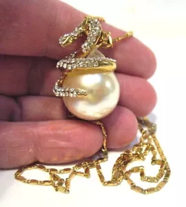 GOLD SNAKE GUARDING PEARL EGG PENDANT ON CHAIN NECKLACE STAR CRESCENT MOON MARK - Picture 1 of 2