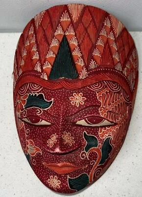 Máscara indonesia Batik arte de pared tallada a mano pintada colorida detallada 9” VBR33B Foto 1 de 3