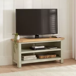 Marbury Sage Green Painted Small TV Unit Stand – Up to 50” TV Size - Oak Top  - Picture 1 of 11