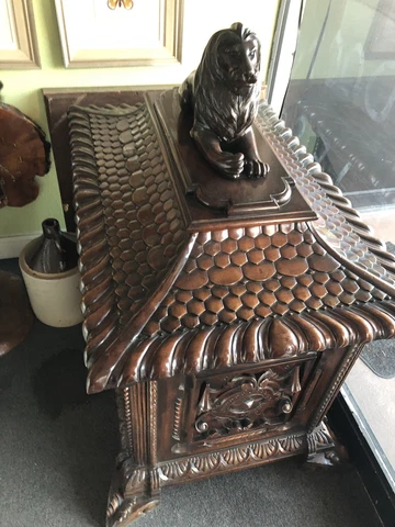 Mahogany Carved Cellarette ca. 1888 Hidden Compartment Lion / Sarcophagus Shape Cover